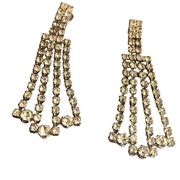 90's Vintage Rhinestone Dangle Drop Chandelier Earrings Silver Tone Post Style - Picture 15 of 16